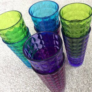 8 Vintage Acrylic Tumblers, Jewel Colors, Stackable, Reusable. Like New! 8" Tall